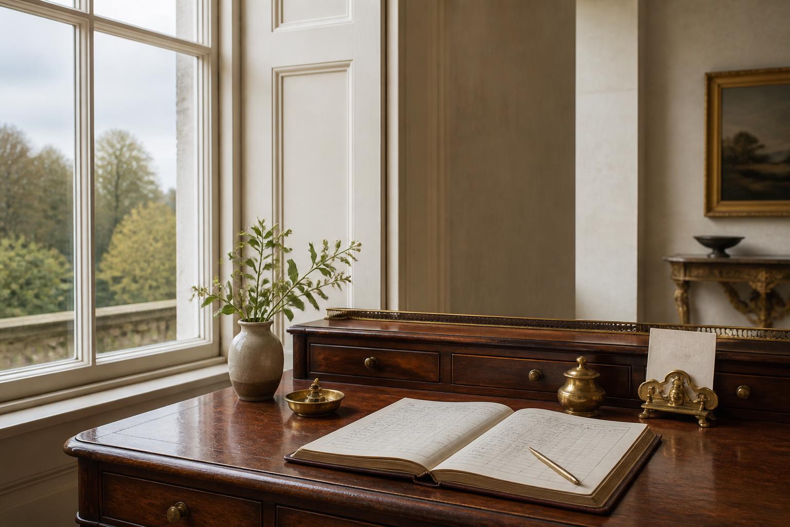 An open financial ledger on a writing desk beside a country-house window
